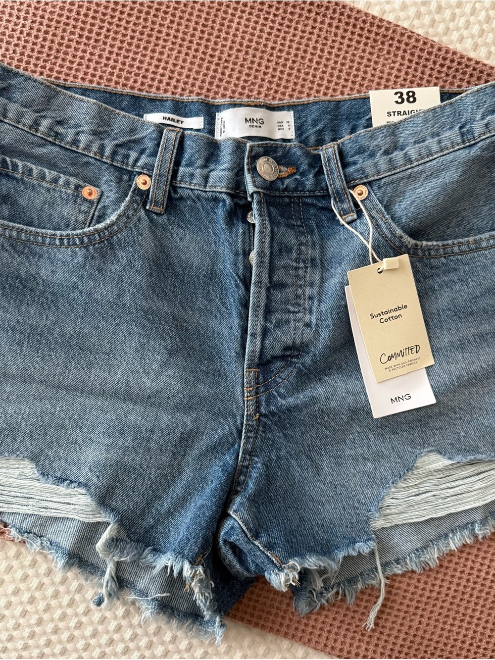 Mango Light Blue Distressed Denim Shorts